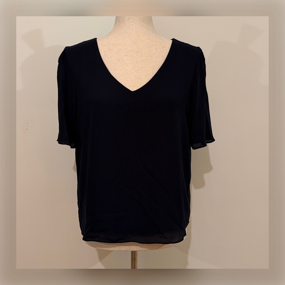 TAHARI V-Neck Short Sleeve Double Layer Blouse in Dark Blue
